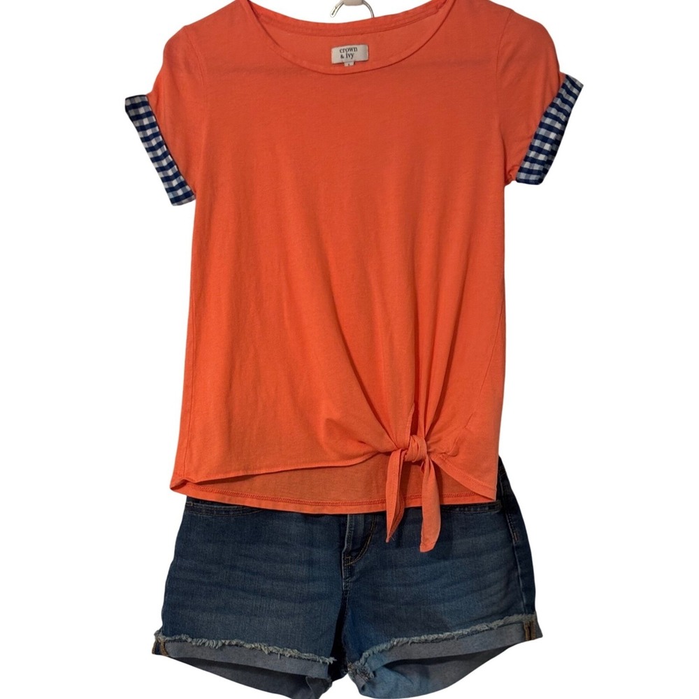 Crown & Ivy Salmon Gingham Sleeve Girls Shirt L Old Navy Jean shorts 14 2 items